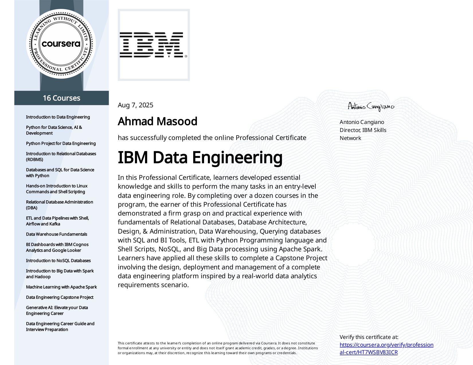 IBM Data Engineering Specialization
