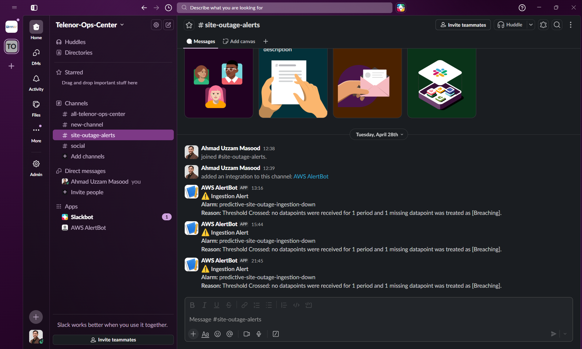 Slack alert example for predictive outage monitoring
